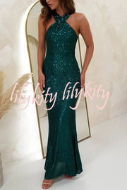 Time To Sparkle Sequin Cross Halter Neck Backless Maxi Dress