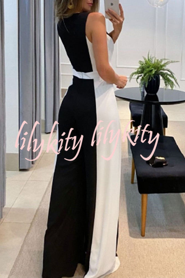 Black and White Classic Colorblock Wide Leg Jumpsuit