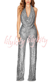 Shimmering Halter Style Drape Neck Wide Leg Jumpsuit