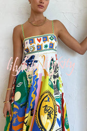 Joyful Glow Goddess Linen Blend Unique Print Pocketed Smocked Back Midi Dress