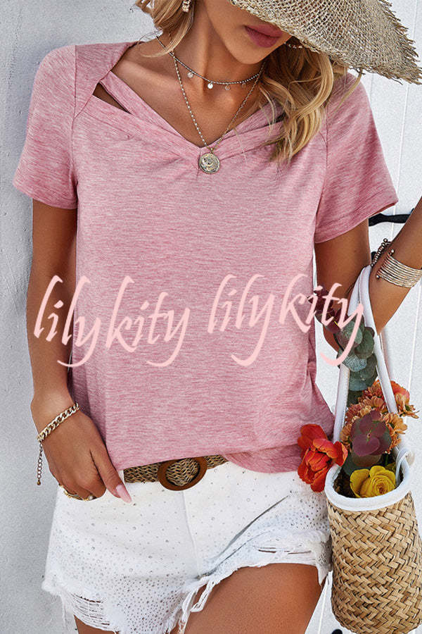 Casual Solid Color Short Sleeved V Neck Hollow T-Shirt