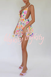 V Neck Open Back Sequined Floral Tie A Line Mini Dress