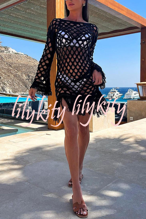 Beautiful Long Sleeved Pullover Fringed Mesh Cover Up