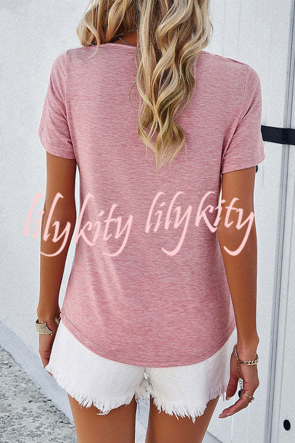 Casual Solid Color Short Sleeved V Neck Hollow T-Shirt