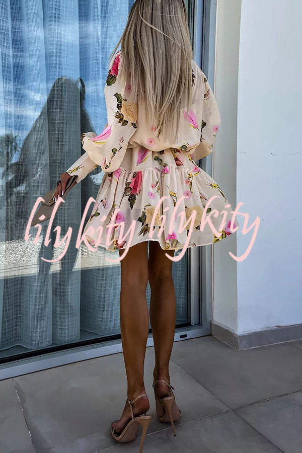 Sunset and Dreams Floral Print Subtle Tuck Lantern Sleeve Belt Mini Dress