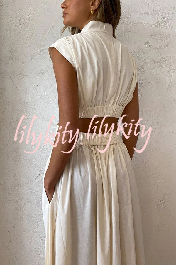 On Vacay Mode Cotton Blend Cutout Elastic Waist Pocketed Maxi Dress