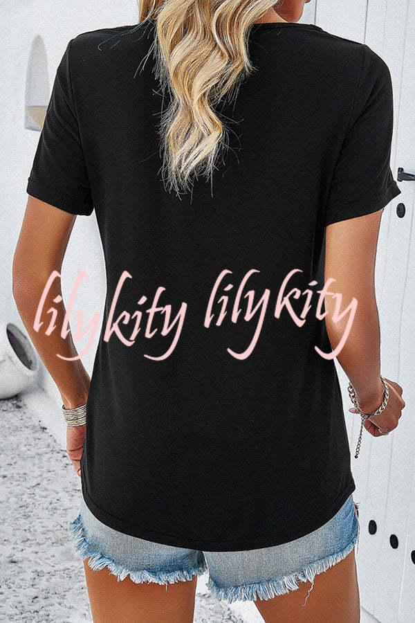 Casual Solid Color Short Sleeved V Neck Hollow T-Shirt