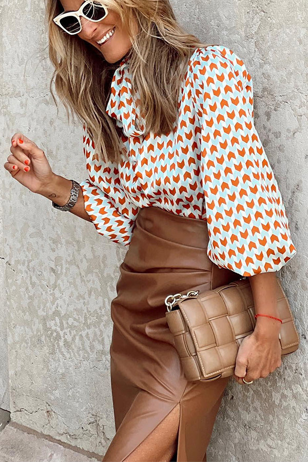 Ivanna Geometric Print Tie Puff Sleeve Blouse