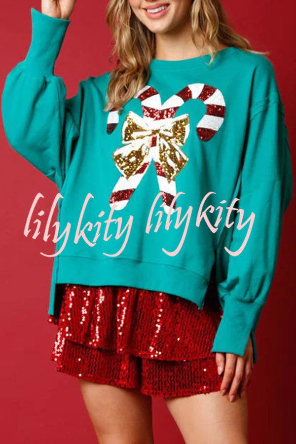 Candy Cane Lane Sequined Pullover Long Sleeved Sweatshirt