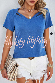 Casual Solid Color Short Sleeved V Neck Hollow T-Shirt