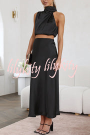 Such A Vibe High Neck Satin Drape Maxi Skirt Set