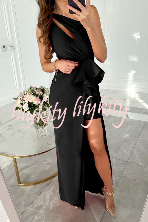 Forever Luxe One Shoulder Cutout Ruffle Split Maxi Dress