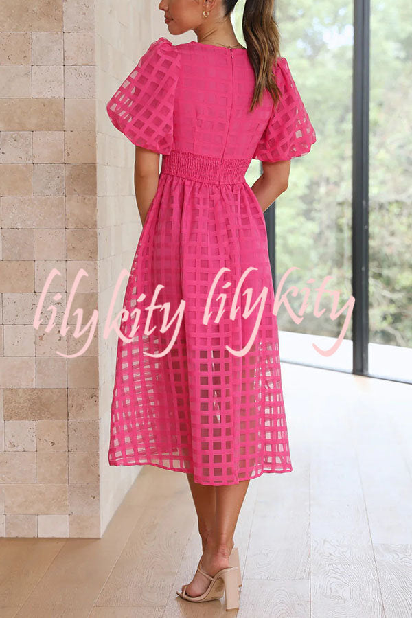 Remarkable Beauty Square Patterned Fabric Puff Sleeve Midi Dress