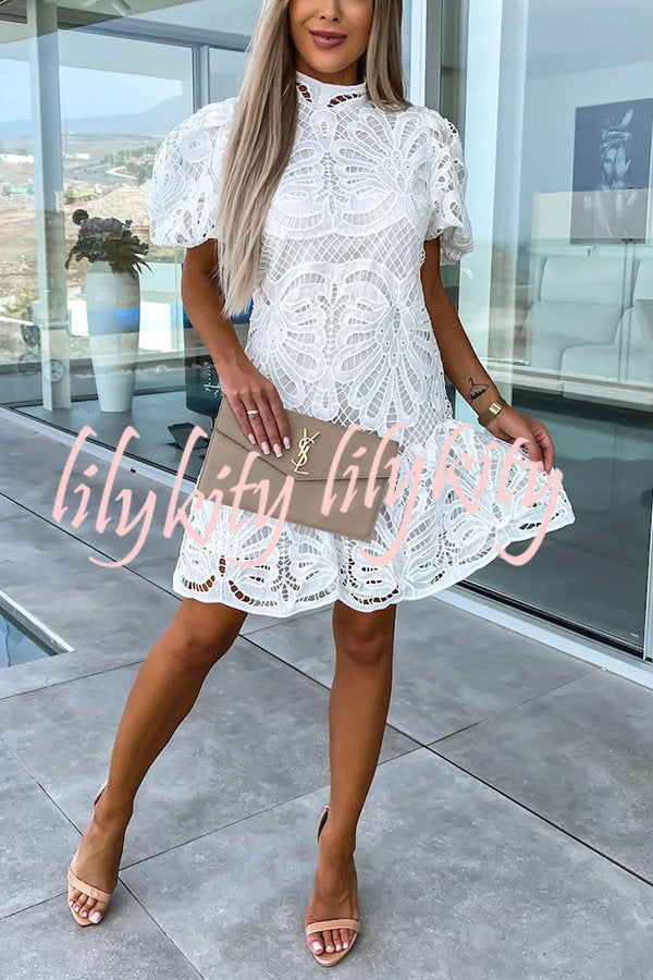 Ever So Sweet Crochet Lace Puff Sleeve Mini Dress