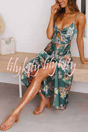 Dreamers Satin Floral Tie Up Slit Midi Dress