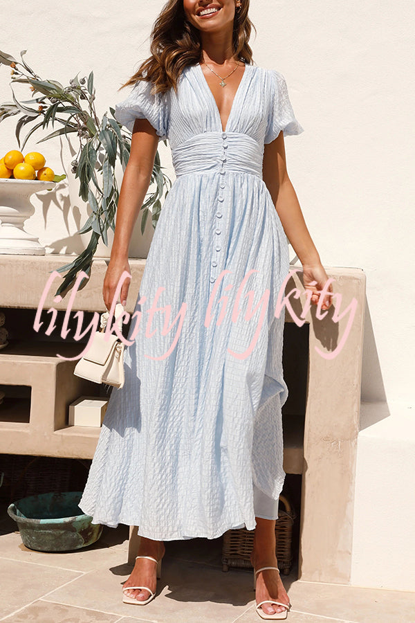 Rustic V Neck Button Zip Pleated Slit Puff Sleeve Maxi Dress