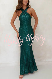 Time To Sparkle Sequin Cross Halter Neck Backless Maxi Dress