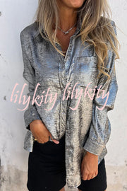 First and Fabulous Metallic Fabric Button Up Long Sleeve Loose Blouse