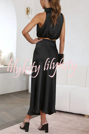 Such A Vibe High Neck Satin Drape Maxi Skirt Set