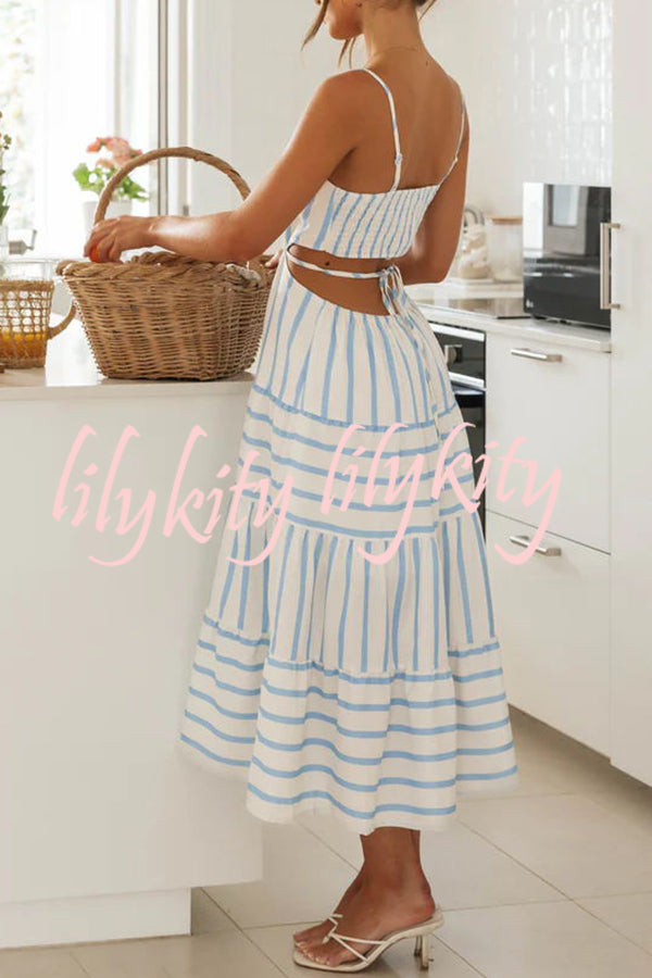 Exquisite Striped Suspender Hollow Pleated Patchwork Lace Up Midi Dress