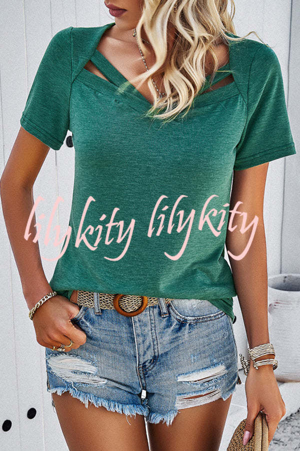 Casual Solid Color Short Sleeved V Neck Hollow T-Shirt