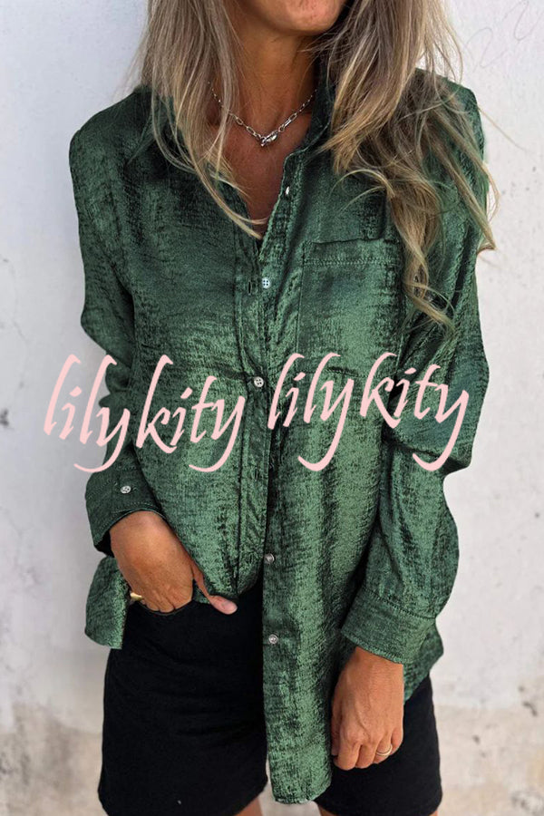 First and Fabulous Metallic Fabric Button Up Long Sleeve Loose Blouse