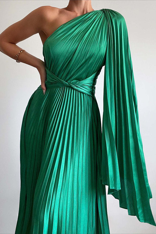 Keira One Shoulder Pleated Satin Maxi Dress