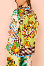 Enjoy Summer Lemon Satin Unique Print Button Down Oversized Blouse