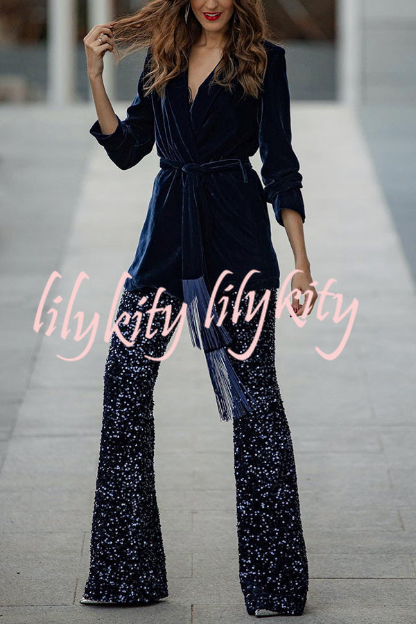 Diva Velvet Sequin High Rise Elastic Waist Flare Pants