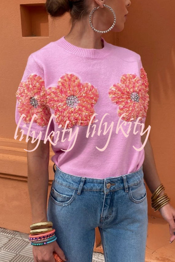 Contrast Color Floral Crew Neck Short Sleeved Sweaters