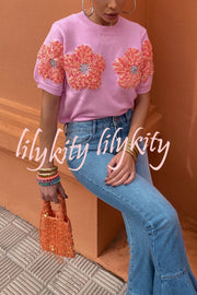 Contrast Color Floral Crew Neck Short Sleeved Sweaters