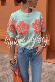 Contrast Color Floral Crew Neck Short Sleeved Sweaters