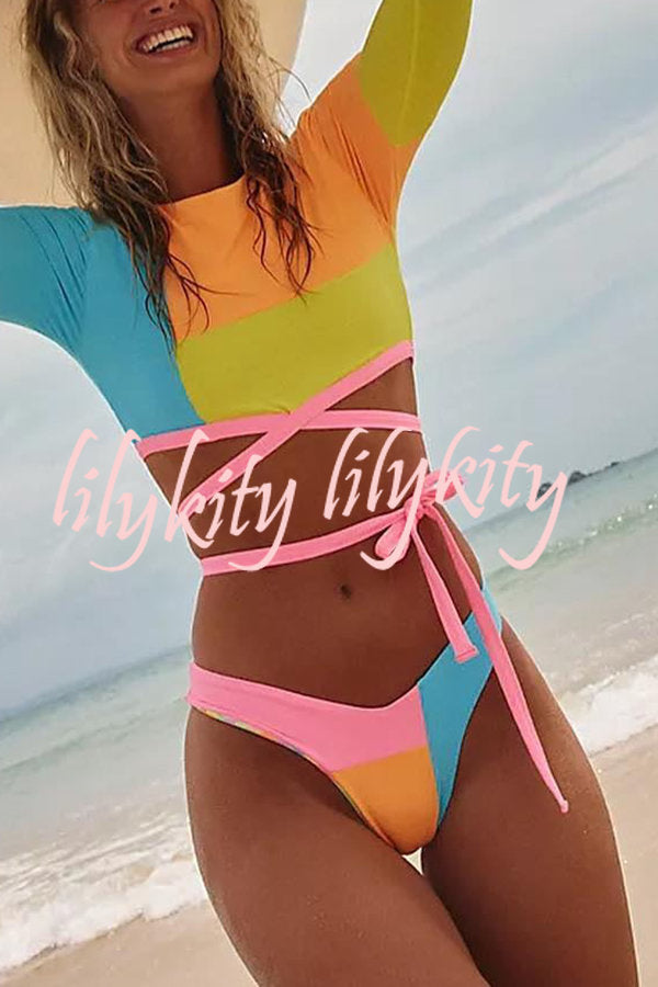 Perfect Match Colorblock Lace Up Long Sleeve Bikini Set