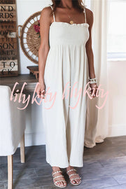 Elegant Solid Color High Waist Linen Blend Suspender Pleated Jumpsuit