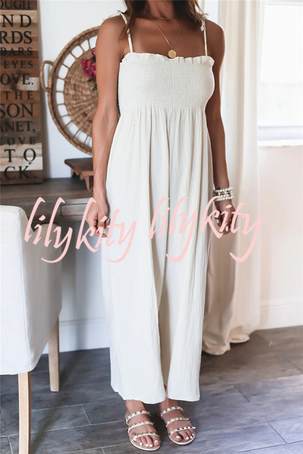 Elegant Solid Color High Waist Linen Blend Suspender Pleated Jumpsuit