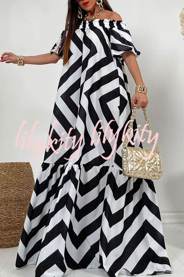 Exquisite Striped Patchwork Bell Sleeve Pocket Maxi Dress