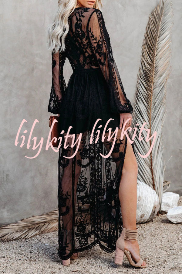 Fairy Air Fluttering V-neck See-through Lace Dress