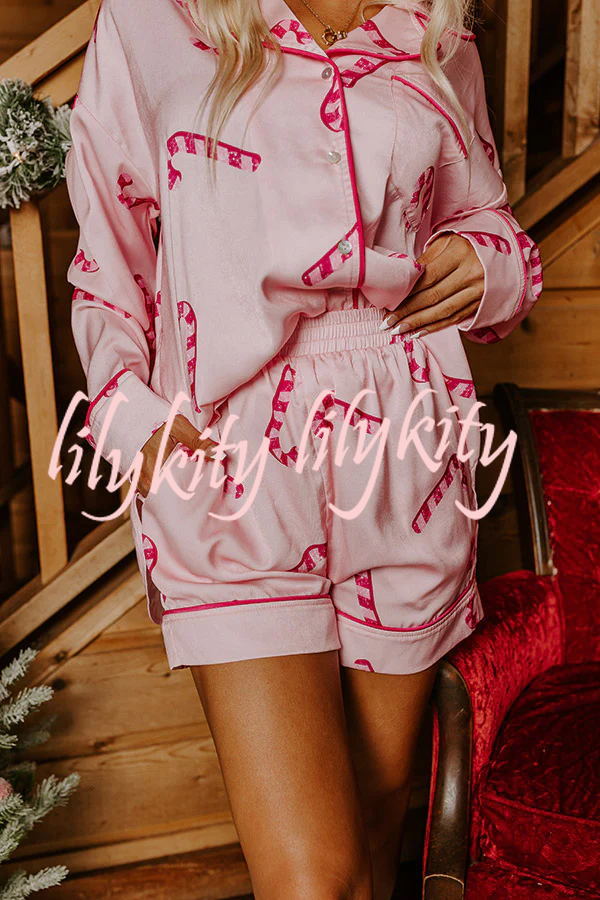 Candy Cane Kisses Satin Printed Elastic Waist Pocket Pajama Shorts Set