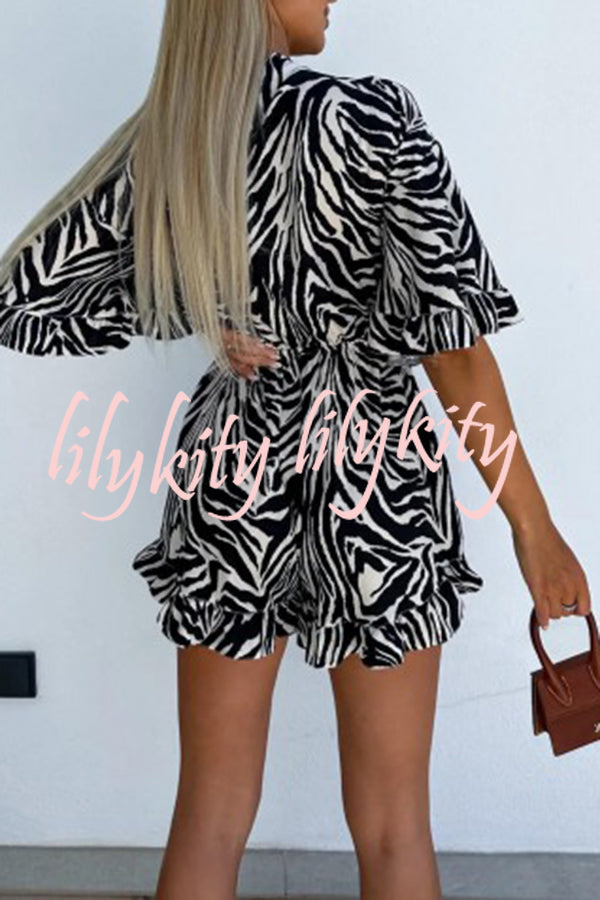 Zebra Print Ruffled Sleeves Dropped Sleeves V Neck Tie High Waist Romper