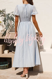 Rustic V Neck Button Zip Pleated Slit Puff Sleeve Maxi Dress