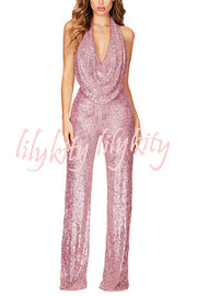 Shimmering Halter Style Drape Neck Wide Leg Jumpsuit