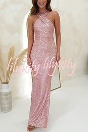 Time To Sparkle Sequin Cross Halter Neck Backless Maxi Dress