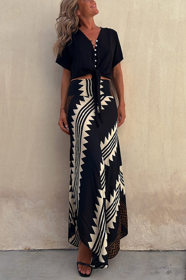 Eva Satin Geometric Print Elastic Waist Maxi Skirt