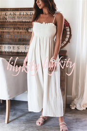 Elegant Solid Color High Waist Linen Blend Suspender Pleated Jumpsuit