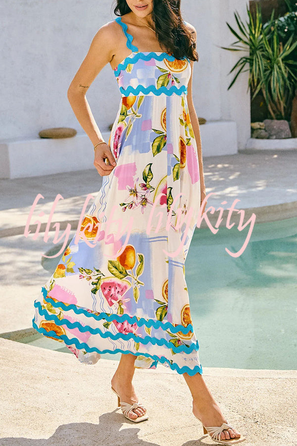 Vivi Fruit Floral Print Wave Pocket Maxi Dress