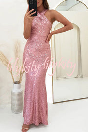 Time To Sparkle Sequin Cross Halter Neck Backless Maxi Dress