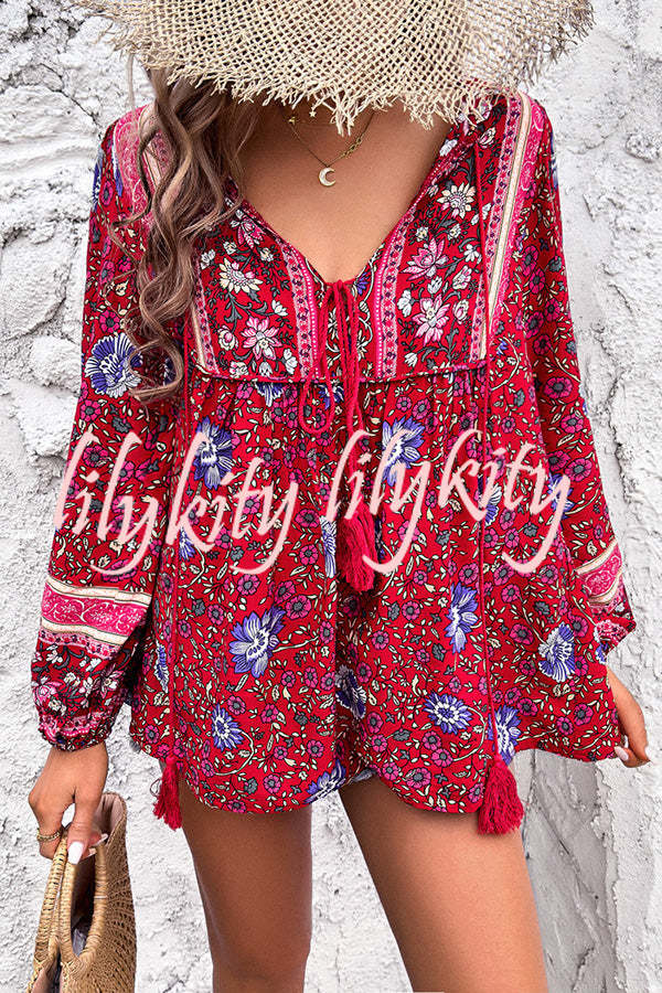 Intricate Floral Print V Neck Lace Up Paneled Long Sleeve Shirt