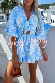 Zebra Print Ruffled Sleeves Dropped Sleeves V Neck Tie High Waist Romper