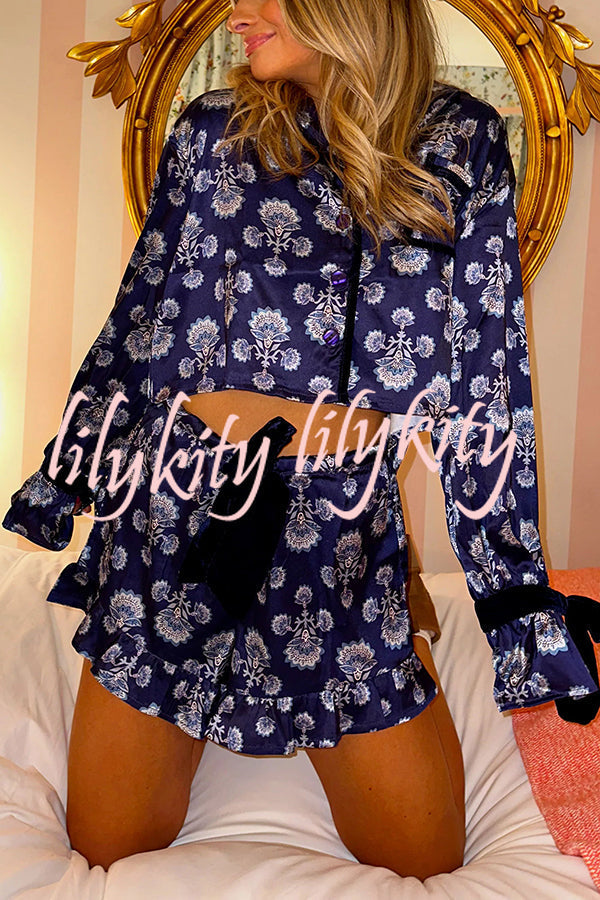 Weekend Retreat Satin Printed Velvet Bows Elastic Waist Pocket Pajama Shorts Set