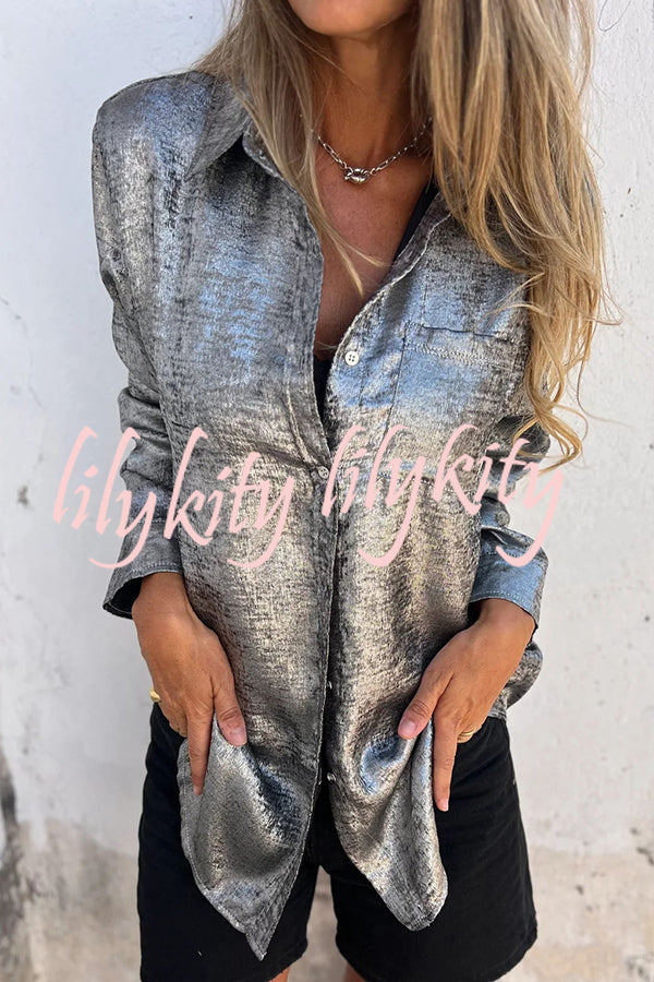 First and Fabulous Metallic Fabric Button Up Long Sleeve Loose Blouse